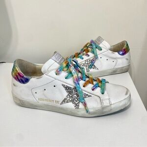 Golden Goose Superstar White Leather Tie Dye Laces Silver Glitter Star 38